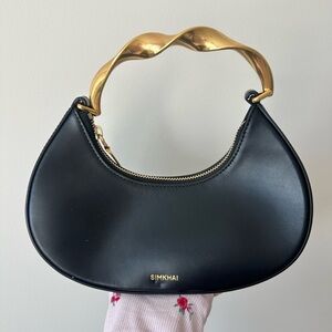 SIMKHAI Nixi Twist Handle Hobo Bag Black Leather Gold Hardware Dust Bag